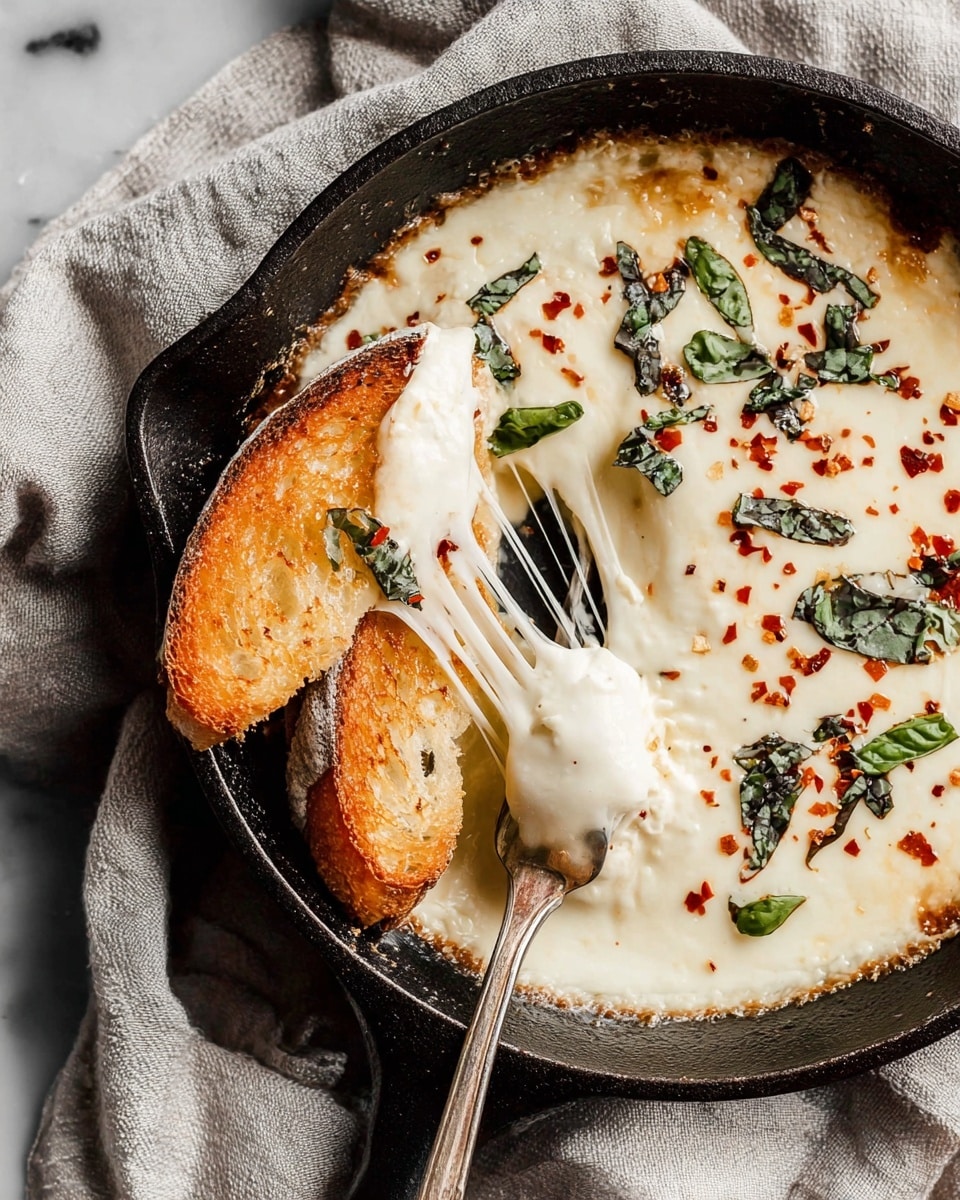 A black cast iron pan holds one layer of melted white cheese with a smooth, slightly browned edge. The cheese is topped with scattered dark green herb leaves and small red chili flakes. A piece of toasted golden brown bread is partially dipped into the cheese, held by a silver fork on the right side of the pan, with the cheese stretching and pulling from the bread. The pan rests on a light gray cloth, placed on a white marbled surface. Photo taken with an iphone --ar 4:5 --v 7