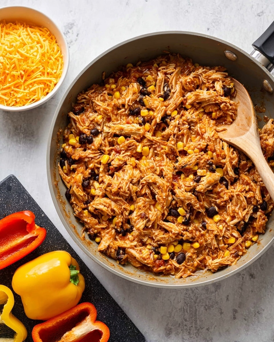 A gray frying pan filled with a mix of shredded cooked chicken, yellow corn kernels, black beans, and rice, all combined together in a reddish sauce giving a warm, slightly moist texture. A wooden spoon rests on the pan's edge, partly buried in the mixture. To the left side, a white bowl with shredded orange cheese is placed, next to a black cutting board holding halved yellow, red, and orange bell peppers on a white marbled surface. Photo taken with an iphone --ar 4:5 --v 7