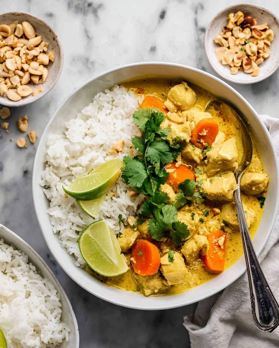 A white bowl filled with a layer of white rice on one side and a creamy yellow curry with chunks of light beige chicken and bright orange carrot pieces on the other side. The curry is topped with fresh green cilantro leaves and two lime wedges placed on the rice. A silver spoon rests inside the bowl. Surrounding the main bowl are smaller white bowls, one with chopped nuts and the other with white rice on a white marbled surface. Photo taken with an iphone --ar 4:5 --v 7