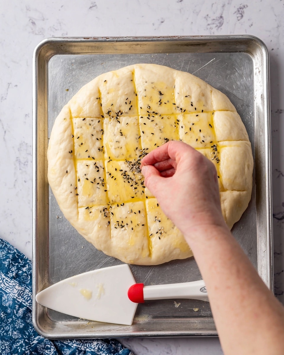 A round, pale dough rests on a silver baking tray, its surface lightly brushed with a yellowish glaze and scored into a grid pattern of squares about three layers thick in texture. Small black seeds are scattered sparsely over the dough's slightly puffy surface. A woman's hand is sprinkling seeds onto the dough from above. The tray is on a white marbled surface, and a white-handled spatula with a red tip lies at the bottom right corner of the tray. Part of a blue cloth with white patterns is visible at the bottom left. Photo taken with an iphone --ar 4:5 --v 7