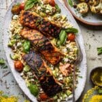 Greek Salmon with Lemon Feta and Orzo Summer Salad Recipe