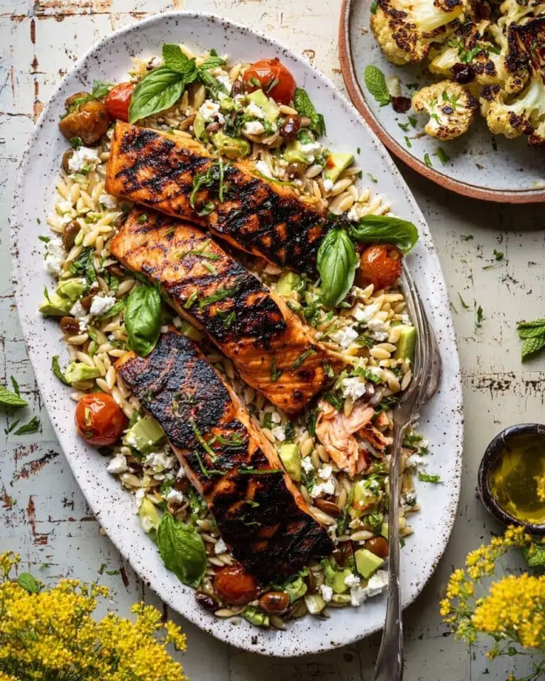 Greek Salmon with Lemon Feta and Orzo Summer Salad Recipe