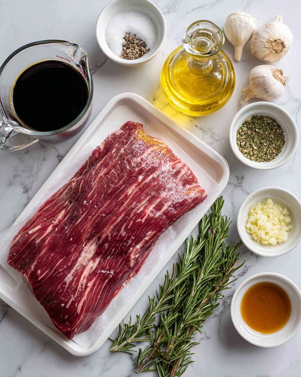A large piece of raw flank steak with marbled fat lies diagonally on a white foam tray in the center bottom of the image, placed on a white marbled surface. Above it, slightly to the right, is a small glass bottle filled with golden olive oil with a handle, and next to it is a bunch of garlic cloves with their papery skin partially peeled. To the left of the garlic are two small white bowls, one filled with coarse salt and the other with ground black pepper. Below the pepper, a tiny glass bowl holds minced garlic. At the bottom right corner, there are two small glass bowls, one with light brown honey and the other with chopped rosemary, and another bowl with whole rosemary sprigs sits above them. On the left side of the steak is a clear glass measuring cup filled with dark soy sauce. All the items are arranged neatly on the white marbled background with clear text labels naming each ingredient. Photo taken with an iphone --ar 4:5 --v 7