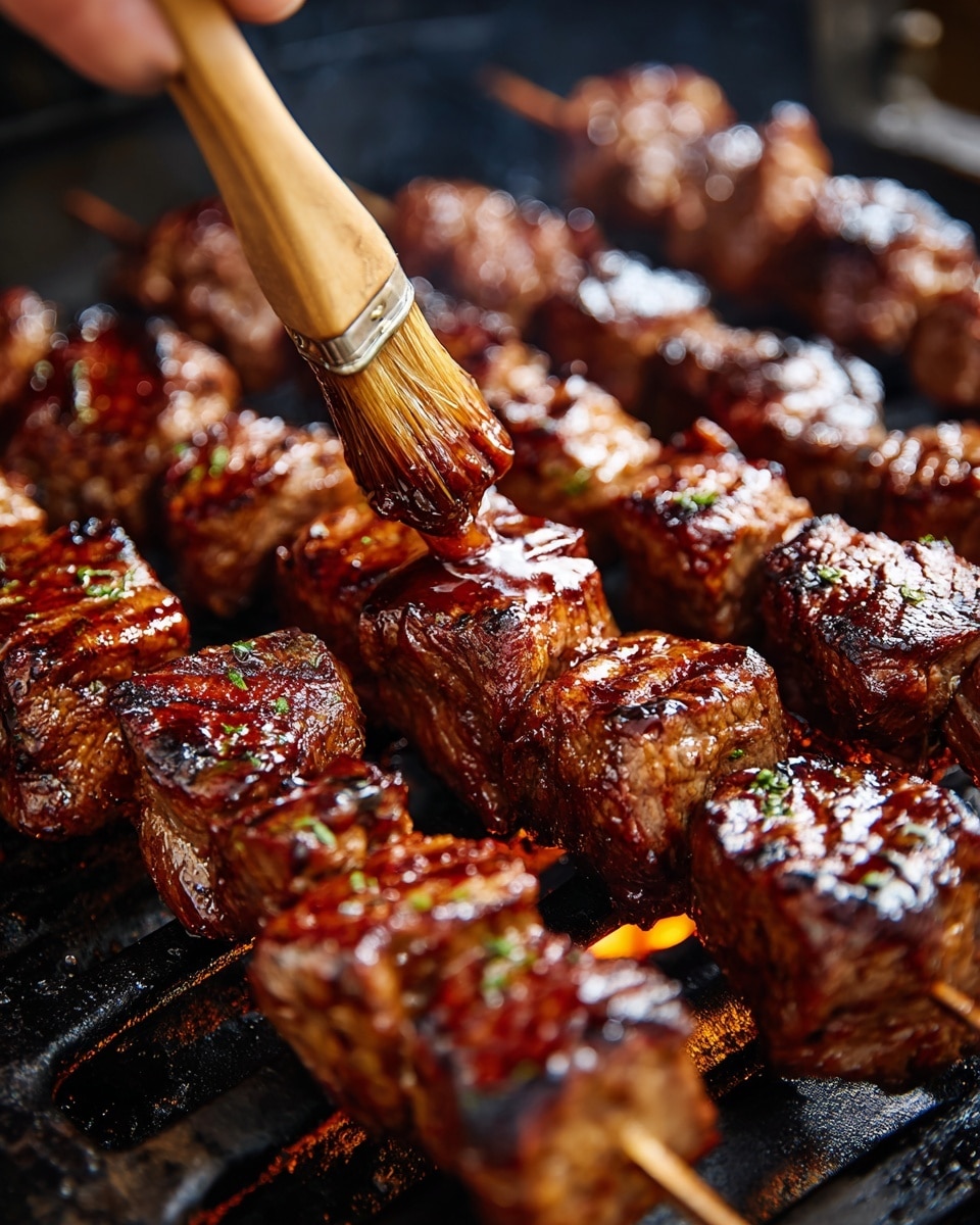 The image shows close-up grilled meat skewers on a dark metal grill with char marks and a shiny glaze. Each skewer has multiple large, browned pieces of meat with a rich, dark reddish-brown color, interspersed with small wedges of red onion that have a purplish hue and slightly charred edges. A wooden brush held by a woman's hand is applying a shiny barbecue sauce to one skewer, adding a glossy layer on top. The grill's black surface contrasts with the meat's colors, showing a textured pattern from the metal grates. The scene conveys a rich and smoky grilled meat look. photo taken with an iphone --ar 4:5 --v 7