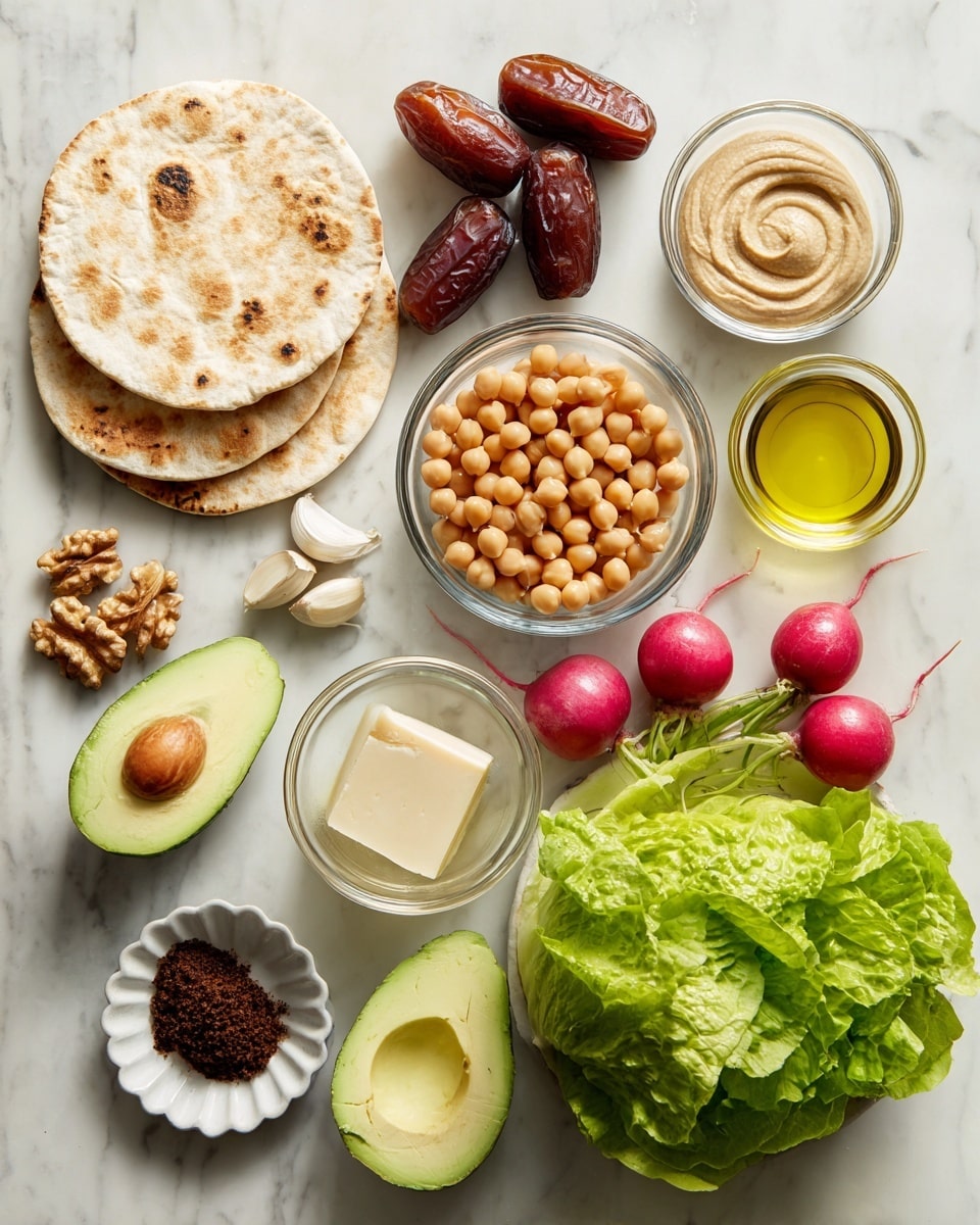 The image shows ingredients neatly arranged on a white marbled surface. At the bottom left, there are two round pita breads stacked with a small white bowl of walnuts on top. Above the pita, a clear glass bowl holds tan chickpeas. Near the center, a small white bowl contains light beige tahini. Above that, three reddish-brown dates are placed close together. To the right of the tahini, a small white dish holds four garlic cloves. Below the garlic, a cluster of bright red radishes with green stems is scattered. Near the bottom right, a clear glass bowl is filled with vibrant green leaf lettuce. To the left of that, there is a halved avocado with a visible seed. Below the tahini and to the left of the avocado, a small dark dish holds two chunks of pale yellow parmesan. Below the parmesan, a white scalloped dish contains a small amount of dark brown anchovy paste. Below the chickpeas, a small white bowl contains pale yellow olive oil. The overall layout is clean and bright, with all items spaced evenly, creating a pleasing composition photo taken with an iphone --ar 4:5 --v 7