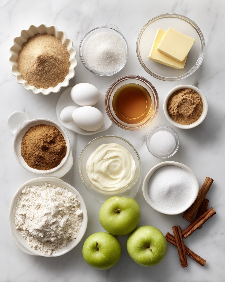 The image shows many small white bowls and containers arranged on a white marbled surface. Starting from the top, there is a small fluted white dish filled with a light brown powder labeled