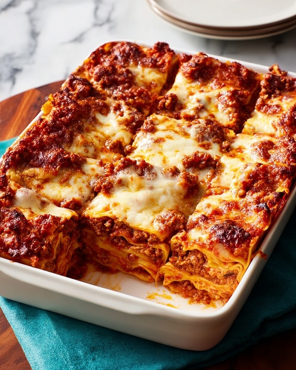 A white rectangular dish filled with lasagna cut into nine square pieces with one piece missing from the front side, exposing the layers inside. The lasagna shows multiple layers of pasta sheets, rich red tomato sauce with chunks of meat, and melted cheese. The top layer is golden brown with bubbly, slightly browned cheese and visible bits of sauce and meat. The dish rests on a teal cloth over a wooden surface with a white marbled texture in the background. photo taken with an iphone --ar 4:5 --v 7