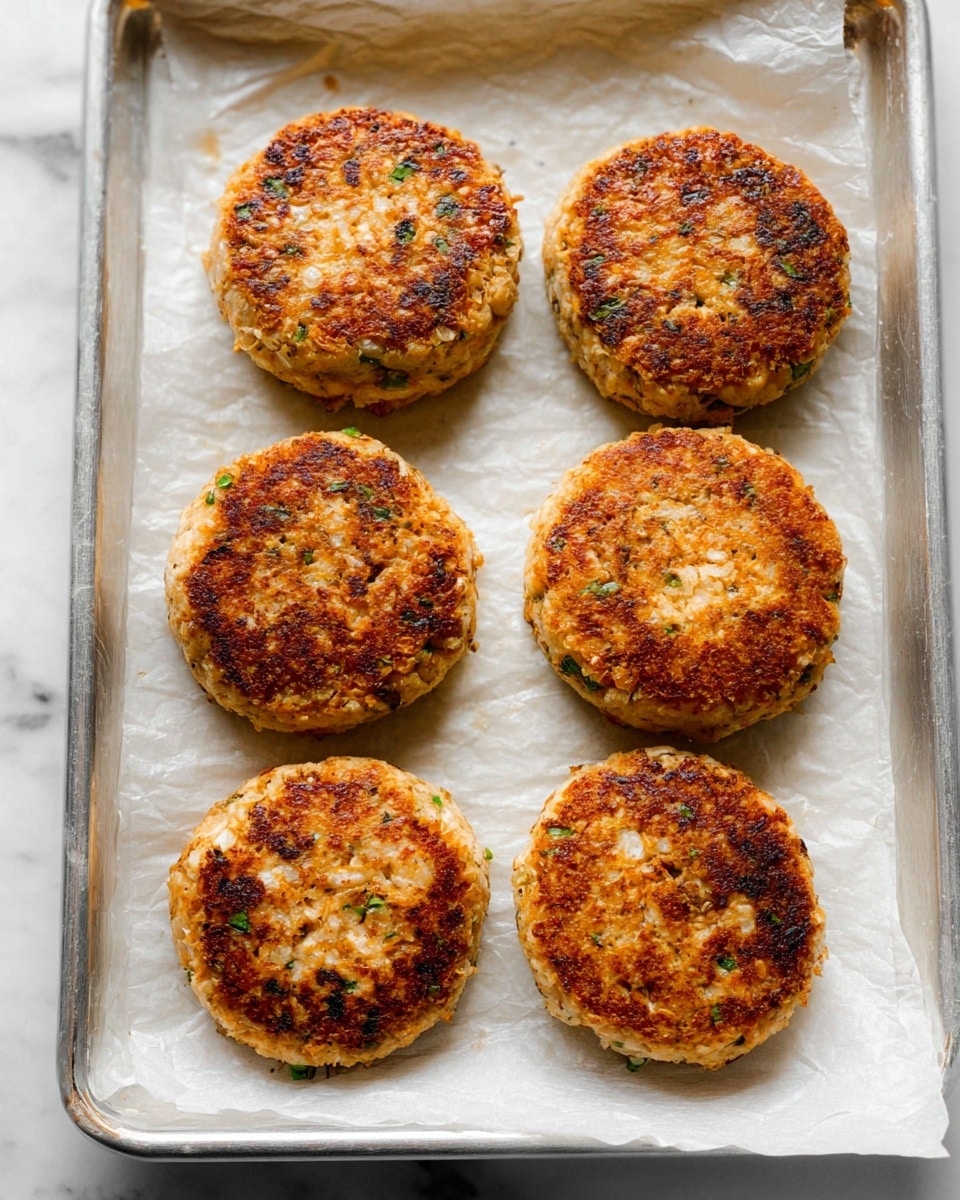 The image shows six round, cooked patties with a golden-brown crispy top and small green and white pieces visible inside, arranged in two rows of three on white parchment paper over a silver baking tray. The patties have a textured surface with some darker browned spots, giving a homemade appearance. The baking tray rests on a white marbled surface. photo taken with an iphone --ar 4:5 --v 7