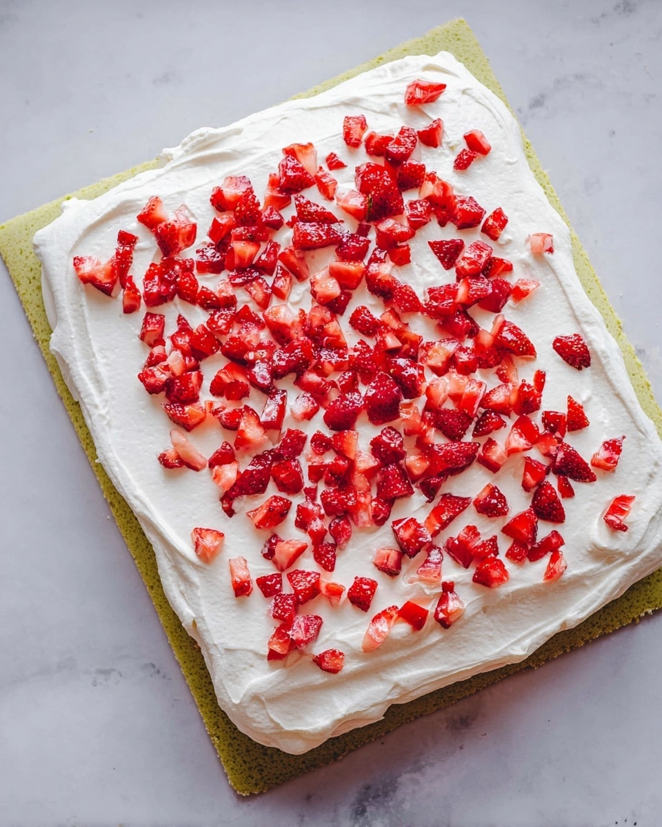 A green sponge cake layer forms the base, with a soft, light texture and slightly rounded edges. On top is a thick, evenly spread white cream layer that covers the entire surface. Scattered freely across the cream are many small, chopped bright red strawberry pieces, adding a fresh and colorful contrast. The cake rests on a white marbled surface. photo taken with an iphone --ar 4:5 --v 7