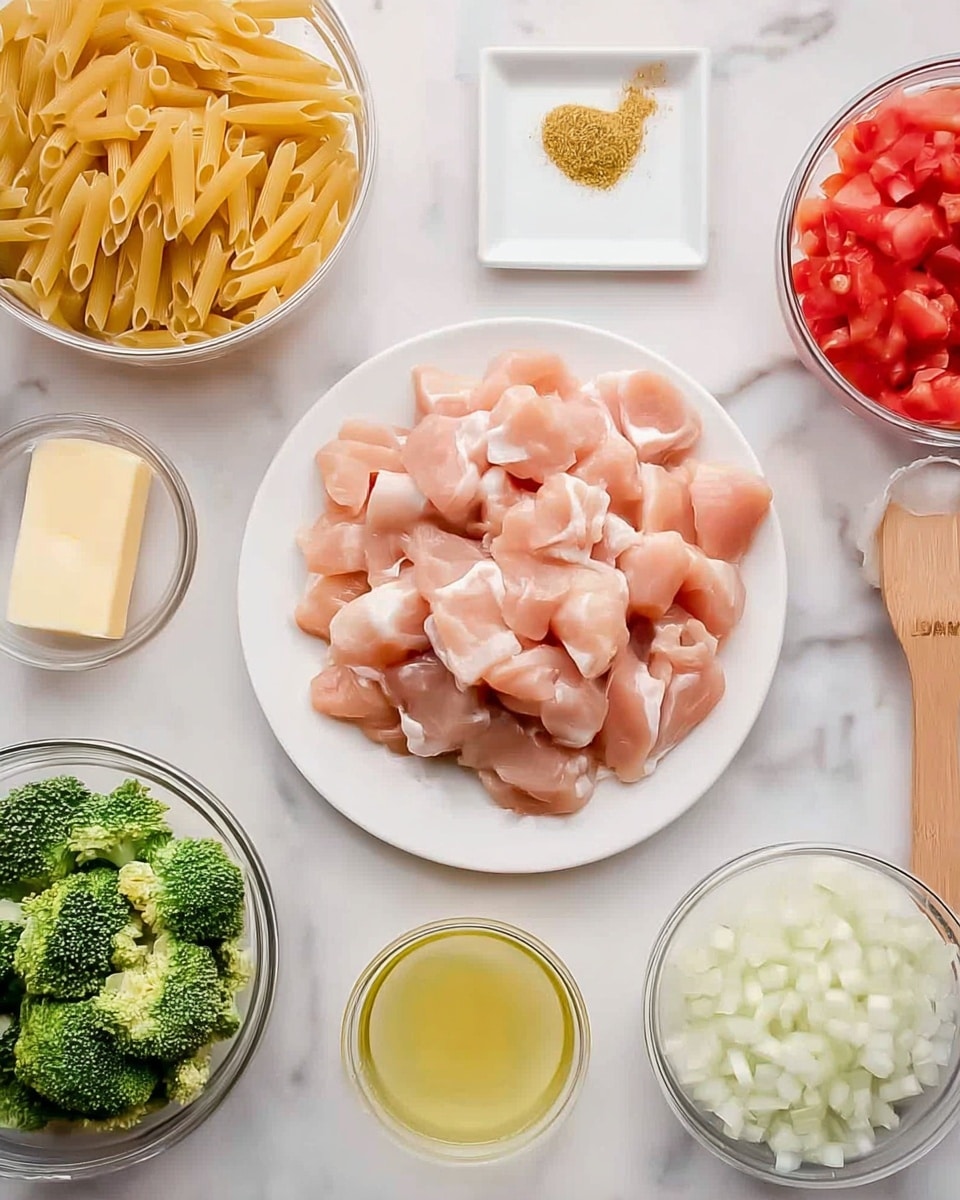 The image shows a spread of raw ingredients on a white marbled surface. In the center, a white plate holds several pieces of light pink raw chicken cut into chunks, piled in a round shape. To the left, there is a clear glass bowl filled with yellow uncooked pasta, and below that, a white bowl contains fresh green chopped broccoli. In the bottom middle, a small clear bowl holds a light yellow liquid, likely oil or melted butter. To the right of the chicken plate, a small glass bowl contains chopped white onions. Above this onion bowl, there is a square white plate with a stick of pale yellow butter. A wooden spoon with a small amount of yellow seasoning is placed nearby on the surface. In the top right corner, part of a clear bowl with red chopped tomatoes is visible. Photo taken with an iphone --ar 4:5 --v 7