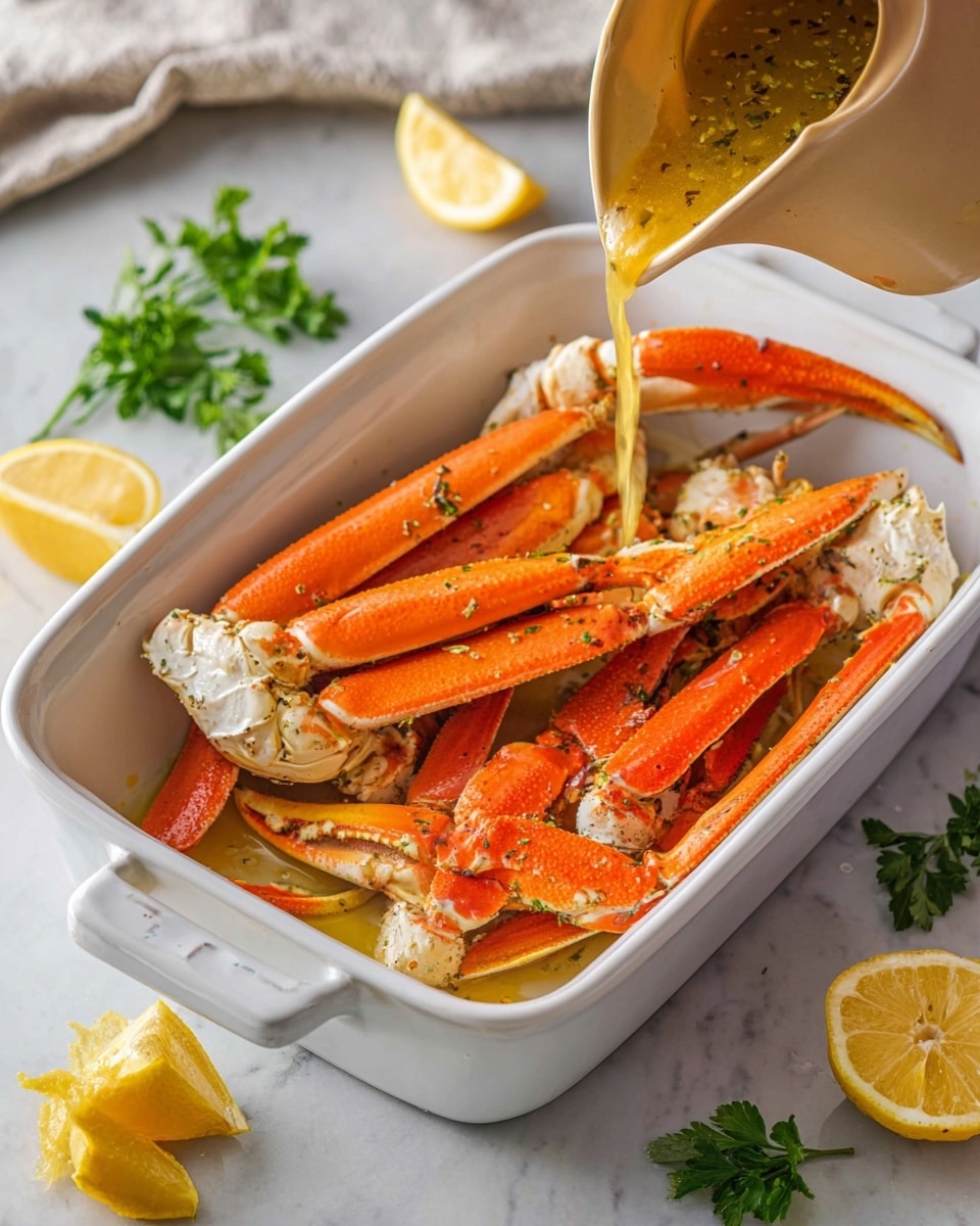 A white rectangular baking dish holds a pile of bright orange crab legs with white claw ends, arranged loosely in layers with some overlapping. A golden-yellow sauce with herbs is being poured over the crab legs from a beige pitcher tilted on the right side. Around the dish, on a white marbled surface, there are scattered green parsley leaves at the top left, and two squeezed lemon halves, one near the top left corner of the dish and another near the bottom right edge of the image. The scene is lit softly, highlighting the shiny texture of the crab shells and the sauce. Photo taken with an iphone --ar 4:5 --v 7