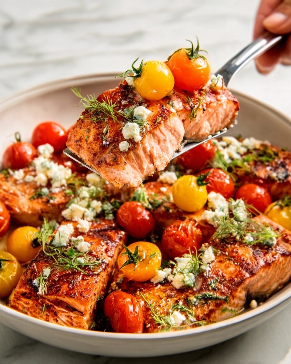A white bowl filled with grilled chicken pieces that have a golden-brown color and slightly charred spots. On top of the chicken, there are small yellow cherry tomatoes and white crumbly cheese scattered evenly. Fresh green herbs add a touch of brightness across the dish. A woman's hand is holding a large spatula lifting one piece of chicken from the bowl, showing the juicy texture underneath. The whole scene is placed on a white marbled surface. photo taken with an iphone --ar 4:5 --v 7