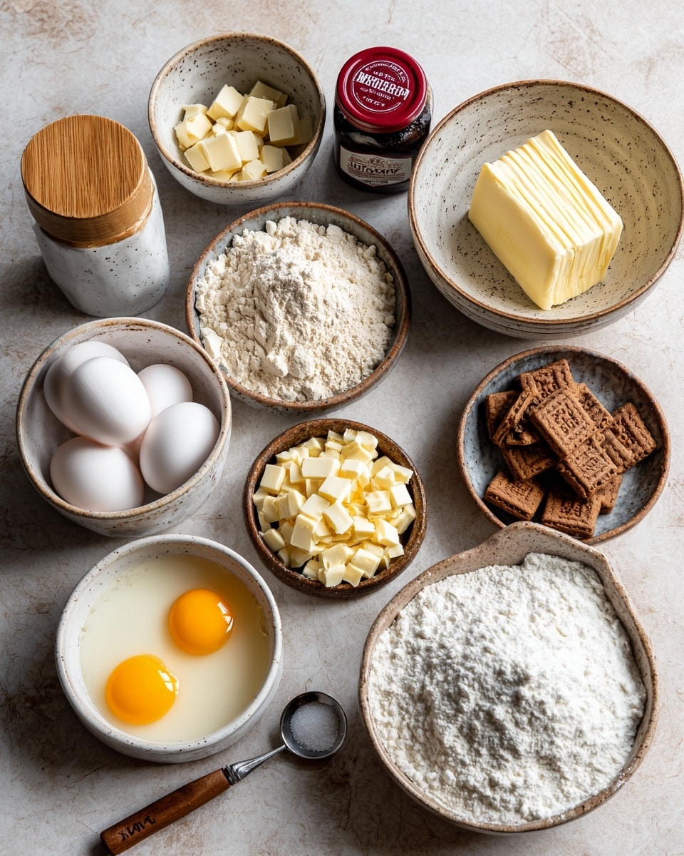 The image shows a white marbled table with several bowls and jars holding baking ingredients arranged neatly. At the front right, a white bowl is filled with white sugar, and next to it on the left, a white bowl holds three raw eggs with bright yellow yolks. Above the eggs, a brown speckled bowl contains two rectangular pieces of yellow butter. To the right of the butter, another brown speckled bowl is filled with small pieces of chopped white chocolate. Behind the butter bowl, a larger brown speckled bowl holds white all-purpose flour. To its right, a white bowl contains broken Biscoff cookies in varying shades of brown. Near the center back, a small dark vanilla bottle is placed between the flour and cookie bowls. A jar with a red lid marked Biscoff is behind the vanilla bottle, and to the far left back, a white jar with a wooden lid and a spoon inside is visible. In the front left corner, there is a small metal measuring spoon with a wooden handle labeled salt. The scene is well lit with natural light coming from the right side. Photo taken with an iphone --ar 4:5 --v 7