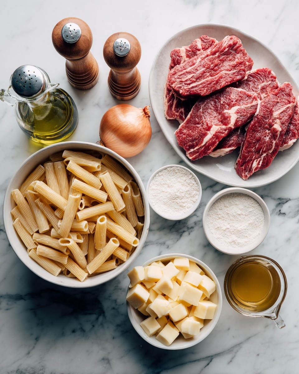 The image shows a top view of several bowls and containers with cooking ingredients placed on a white marbled surface. There is a white bowl filled with raw, red rib-eye steak slices on the top right. Below it, a white bowl is filled with small cubes of pale yellow provolone cheese. To the left, a white pot holds uncooked, short tube-shaped pasta in a light beige color. Above the pasta, there is a whole brown onion and a bulb of garlic lying side by side. Above the garlic, two wooden salt and pepper shakers with silver tops are placed next to a clear glass bottle filled with greenish olive oil. Next to the cheese, a small white bowl contains white flour. In front of the flour, there is a small dark bottle of Worcestershire sauce with an open cap. A glass measuring cup filled with a clear golden brown liquid, chicken broth, is placed to the right of the flour bowl. The whole setup is neat and organized, ready for cooking. Photo taken with an iphone --ar 4:5 --v 7