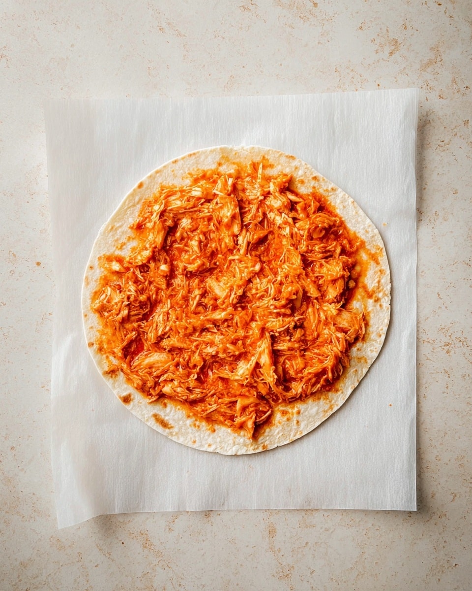A small round tortilla lies flat on a sheet of white parchment paper, placed on a white marbled surface. The tortilla is covered evenly with a layer of orange-red shredded filling that looks soft and moist, spread in a rough, uneven texture across the whole tortilla. There are no other layers or toppings visible, and the focus is on the simple flat tortilla with the single spread of filling. photo taken with an iphone --ar 4:5 --v 7