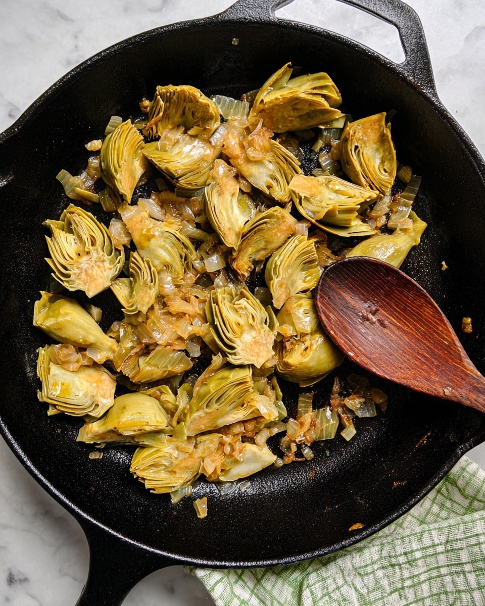 A black cast iron pan filled with roughly 15 pieces of cooked artichoke hearts showing yellow-green soft layers, mixed with small bits of sautéed translucent onions that have light brown edges. A wooden spoon with a smooth, dark brown surface lies on the right side of the pan, touching some onions. The pan is set on a white marbled surface with a green and white checkered cloth partially visible at the bottom right corner. photo taken with an iphone --ar 4:5 --v 7