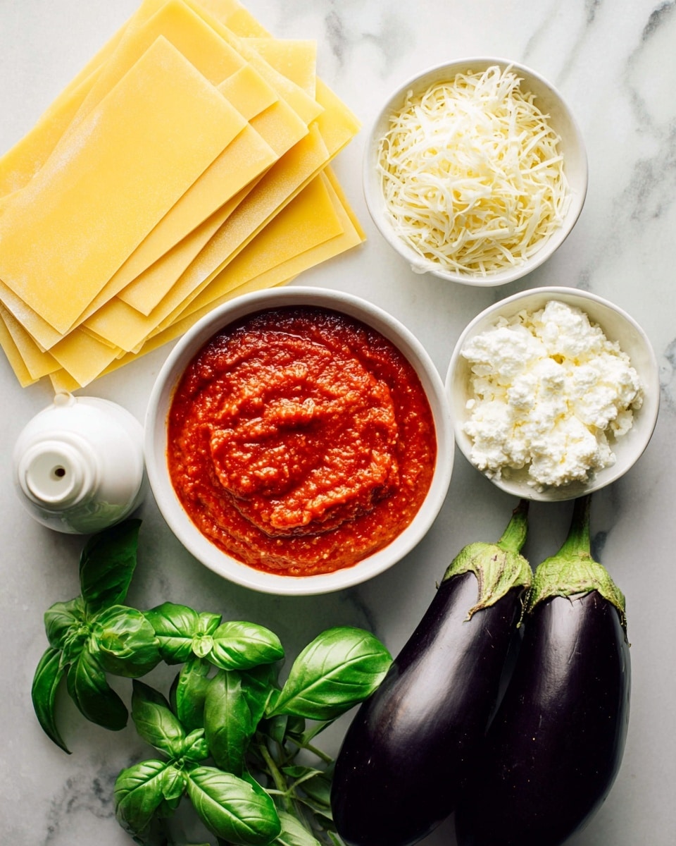 The image shows ingredients for a layered dish arranged on a white marbled surface. There are five sheets of yellow pasta stacked on the left side. Next to them is a round white bowl filled with bright red tomato sauce, showing a smooth and slightly textured surface. Above and to the right, three small white bowls hold finely grated pale cheese, shredded white cheese, and creamy white ricotta cheese with a soft texture. Two whole dark purple eggplants are placed side by side on the right. Fresh green basil leaves with a leafy texture fill the bottom left corner. A white bottle with a lid, likely olive oil, is near the bottom left as well. Photo taken with an iphone --ar 4:5 --v 7