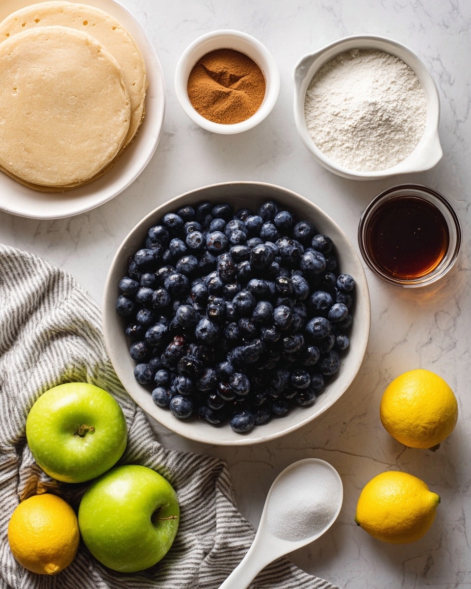 The image shows a bowl full of dark blue blueberries placed at the center on a white marbled surface. Above and around it are small white bowls containing light brown cinnamon powder, white flour, and a small measuring cup of dark amber syrup. Toward the left side, there is a white plate holding two dough circles. At the bottom left, there are two green apples and two bright yellow lemons. A white measuring spoon filled with white sugar lies near the blueberries, resting on a soft, crumpled striped cloth. The scene is bright and clean. photo taken with an iphone --ar 4:5 --v 7