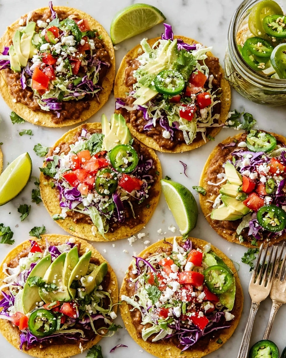 Six small tostadas with a crispy yellow corn base each spread with light brown refried beans, topped with shredded purple cabbage, shredded light green lettuce, bright red diced tomatoes, slices of green avocado, green sliced jalapeños, white crumbled cheese, and sprinkled with chopped green cilantro, all placed on a white marbled surface with lime wedges scattered around, a silver fork with some jalapeños next to a glass jar filled with sliced jalapeños and onions in the background, natural light, photo taken with an iphone --ar 4:5 --v 7