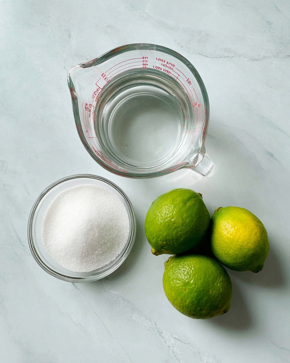 The image shows three key ingredients arranged on a white marbled surface. On the top left is a clear glass measuring cup filled with water, showing red measurement markings. Below it, there is a small clear glass bowl filled with fine white granulated sugar. To the right of both containers, three fresh limes are placed together; they have a smooth and slightly shiny green peel, with one lime showing a bit more yellow. The setup is simple, with the clear textures and fresh colors standing out against the white marbled background. Photo taken with an iphone --ar 4:5 --v 7