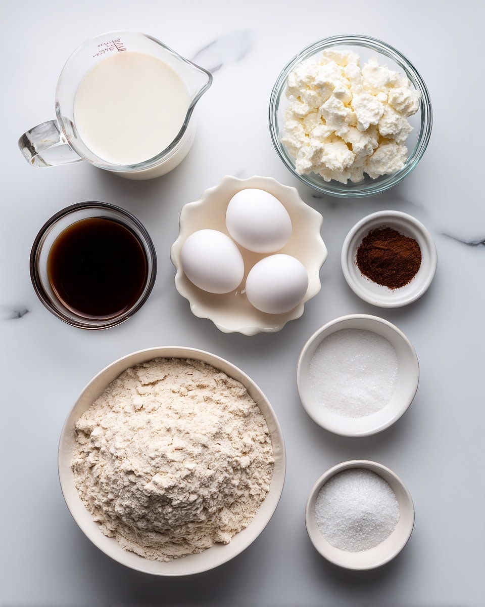 The image shows seven different ingredients placed on a white marbled surface. At the top left, there is a glass measuring cup filled with white milk. To its right, a small glass bowl holds white cottage cheese with a lumpy texture. Below and to the left, a small white bowl contains dark brown vanilla liquid. In the middle, a white bowl with a scalloped edge holds three smooth white eggs. To the right of the eggs, a white bowl contains small piles of dark brown cinnamon and white salt side by side. Below the vanilla and eggs, a large glass bowl is filled with light tan whole wheat flour, fluffy with some uneven texture. Finally, at the bottom right, there is a small white bowl with white baking powder. All items are neatly arranged and clearly labeled in black text. The scene is bright and clean. photo taken with an iphone --ar 4:5 --v 7