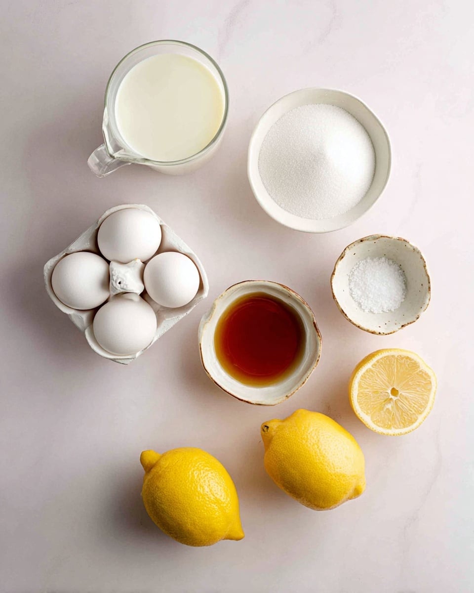 The image shows six main ingredients arranged neatly on a white marbled surface: four white eggs resting in a white egg holder on the left, a clear glass jug filled with white cream placed above the eggs, a white bowl filled with white granulated sugar on the top right, a small white bowl containing amber-colored vanilla extract below the sugar, two bright yellow whole lemons at the bottom, and one lemon half showing its juicy interior next to them. A small rustic bowl with fine white salt sits near the vanilla extract. The composition is simple and clean with soft, even lighting. Photo taken with an iphone --ar 4:5 --v 7