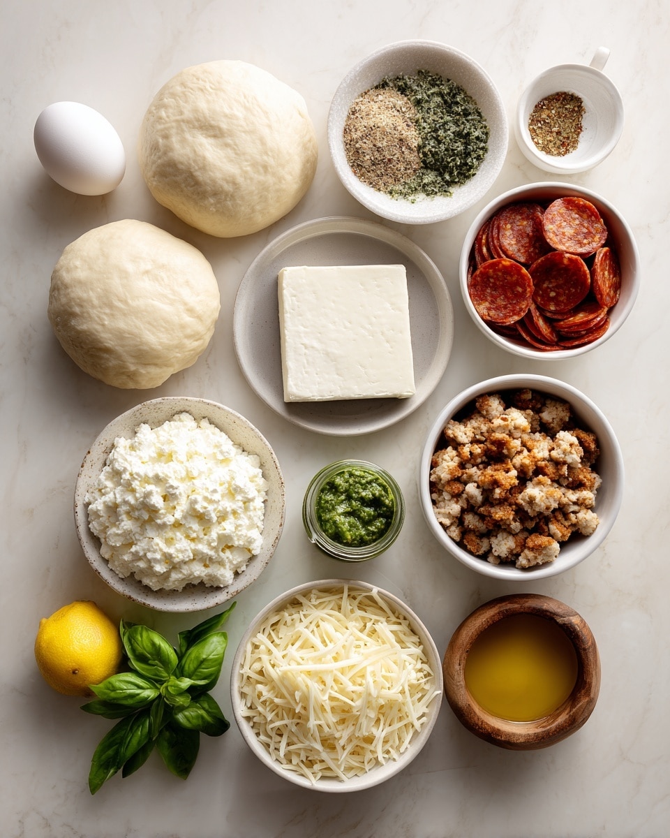 The image shows a white marbled surface with different ingredients arranged neatly. There are two large round balls of pale beige pizza dough at the top left and right, with a small white bowl of mixed green, black, and white spices above the center. Below that, a single white egg sits in a small light beige speckled bowl. To the right, a white bowl holds bright red pepperoni slices, and below that another white bowl is filled with crumbly, browned sausage pieces. In the middle bottom, a light beige bowl is heaped with shredded white mozzarella cheese. To the left of that, a small dark plate holds a solid square of white cream cheese, and next to it at the bottom left, a yellow lemon with green leaves is placed. In front of the lemon, a glass jar of green basil pesto with a label is visible. A white container of ricotta cheese is near the bottom center, and next to it on the right, a small wooden bowl holds finely grated pale yellow parmesan cheese. The whole scene is clean and bright. photo taken with an iphone --ar 4:5 --v 7