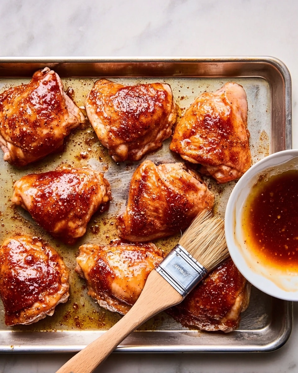 The image shows eight pieces of raw chicken thighs on a silver metal tray. The chicken pieces are coated with a shiny red-brown sauce, with some dry spice rub scattered on top. A brush with a wooden handle is spreading the sauce on one piece near the bottom right corner of the tray. To the right of the tray, there is a white bowl with some more sauce in it. The background is a white marbled textured surface. photo taken with an iphone --ar 4:5 --v 7