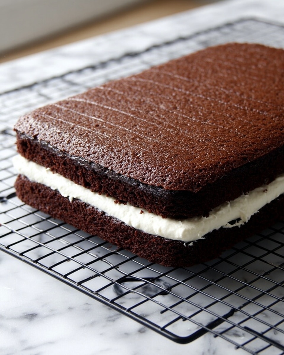A rectangular chocolate cake is shown with two thick layers; the top and bottom layers are dark brown with a slightly crumbly texture and a faint shiny glaze. Between these layers is a thick middle layer of fluffy white cream filling that looks soft and smooth, slightly bulging out at the edges. The cake rests on a black cooling rack placed on a white marbled surface, with natural light highlighting the textures and colors. Photo taken with an iphone --ar 4:5 --v 7