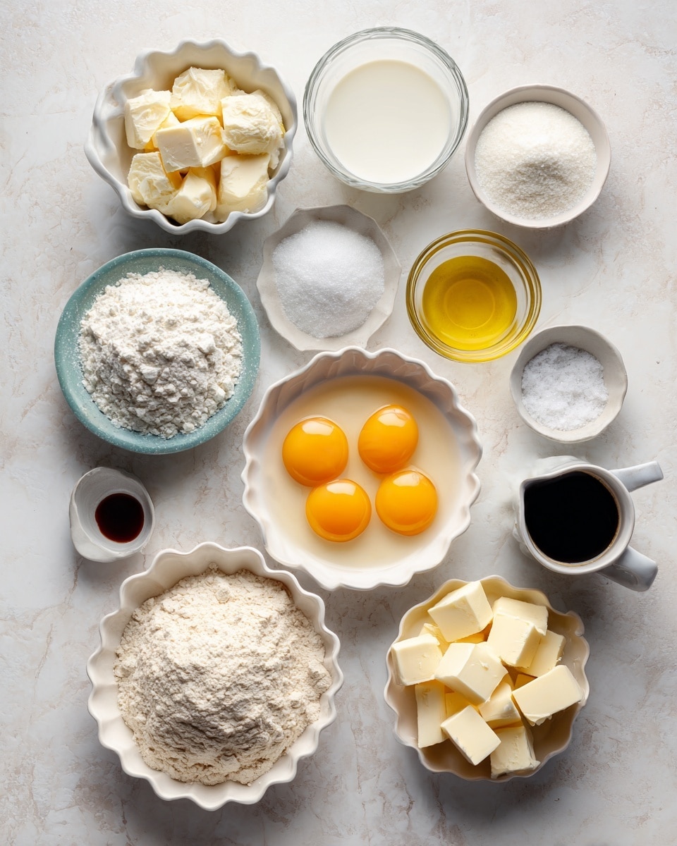 A flat lay image shows several small white bowls and cups arranged neatly on a white marbled surface, each holding different baking ingredients. Starting from the bottom left, a white scalloped bowl holds a pile of light beige flour. To the right, a small white bowl filled with white granulated sugar is placed. Above the flour, a small glass bowl contains white baking powder and nearby a tiny glass bowl has white salt. In the center, a white bowl holds four raw eggs with bright yellow yolks floating in clear egg whites. Above the eggs, a small glass bowl of pale yellow oil sits alongside a dark cup filled with a creamy white milk. To the right of the milk, a small white bowl contains small cubes of pale yellow butter. Near the top left is a small clear bowl filled with dark liquid vanilla extract. Each item is clearly labeled with a dark blue text box identifying its contents. Photo taken with an iphone --ar 4:5 --v 7