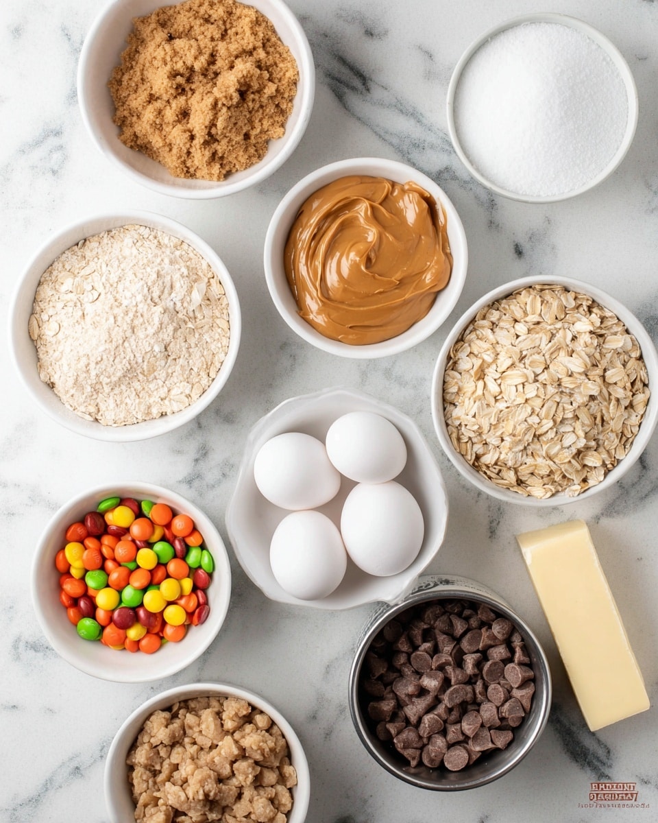 The image shows several small white bowls and a cup arranged on a white marbled surface. There is a bowl filled with smooth, shiny peanut butter placed near the center. Surrounding it are bowls with different textures and colors: one has light brown sugar with a crumbly texture, another holds dry rolled oats with an off-white and tan color, and one contains small colorful candy-coated chocolates in orange, yellow, and brown. There is also a small white bowl with three whole white eggs, a bowl filled with white granulated sugar, and a metal cup filled with light brown candy chips. Additionally, a stick of butter and a small bottle of vanilla extract are placed on the marble surface. The arrangement is neat, and the colors and textures are clear and distinct. photo taken with an iphone --ar 4:5 --v 7