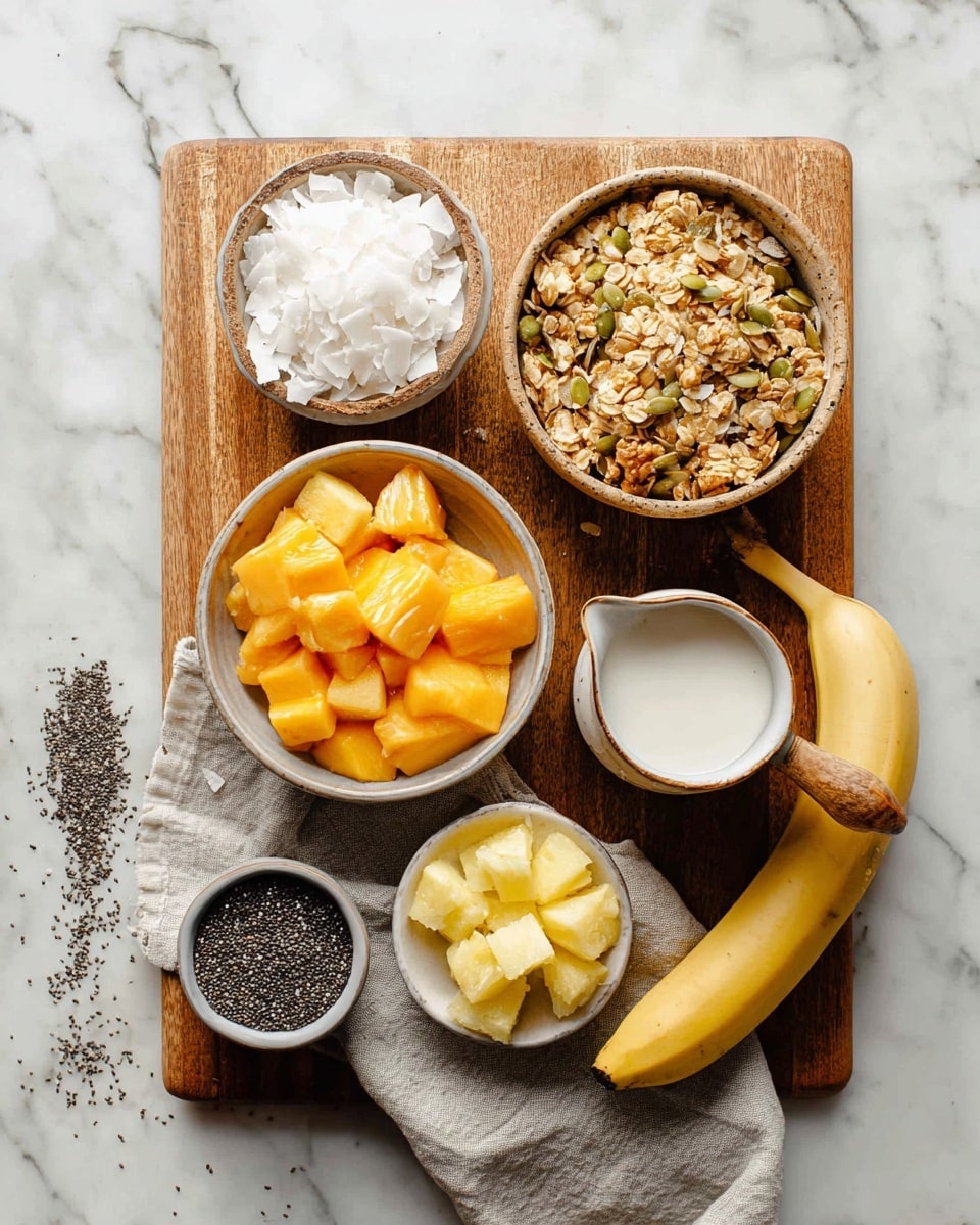 A wooden board on a white marbled surface holds six items: at the top left, a small round bowl with white shredded coconut; next to it on the right, a bowl filled with light brown granola with some green pumpkin seeds; below the coconut, a larger bowl filled with frozen orange mango chunks; in the center, a yellow banana lies diagonally on a light gray cloth; on the right of the banana, a small cup with white liquid and a wooden handle; at the bottom, a white bowl filled with frozen pale yellow pineapple chunks; at the lower left corner, a small gray bowl with black chia seeds spills a few around the board. photo taken with an iphone --ar 4:5 --v 7