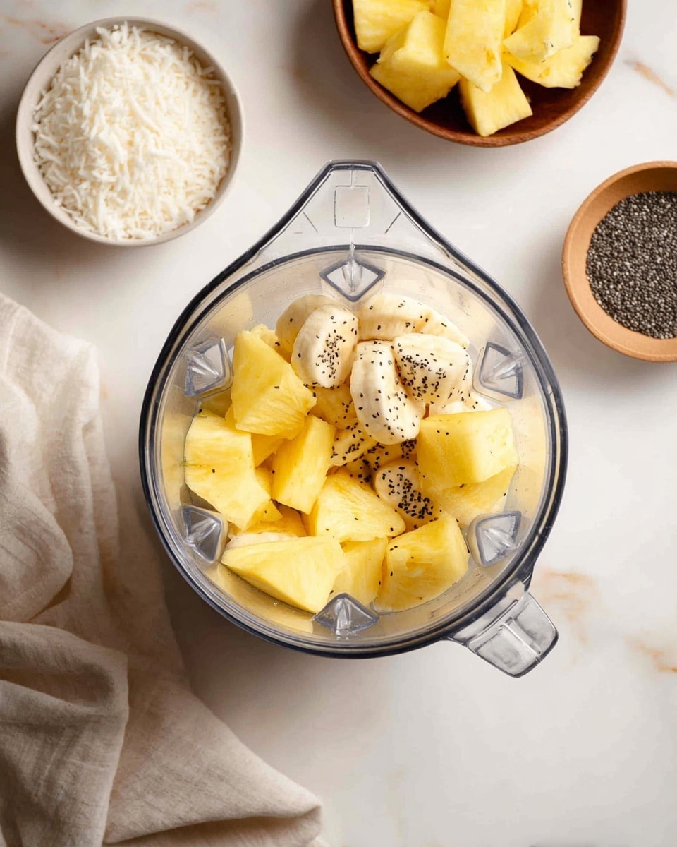 The image shows a clear blender jar containing two layers of fruit pieces: the bottom layer has yellow pineapple chunks with a soft, slightly translucent texture, while the top layer consists of pale yellow banana pieces with a smooth texture. Surrounding the blender, there are three small bowls containing ingredients – one bowl with white shredded coconut, one with black chia seeds, and the third partially visible bowl with more yellow fruit pieces. The setting is on a white marbled surface with a light beige cloth napkin nearby. Photo taken with an iphone --ar 4:5 --v 7