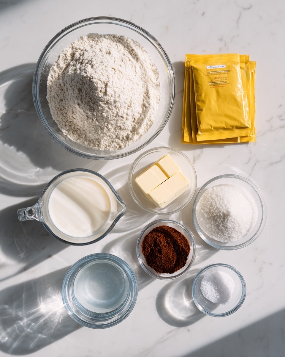 A large clear glass bowl filled with a heap of white flour sits in the top center of the image, with the word