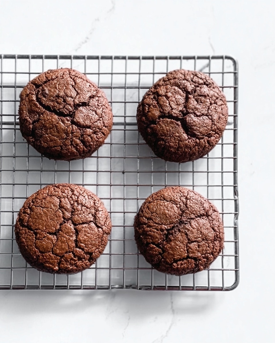 The image shows four round chocolate cookies with slightly cracked tops arranged in a 2x2 grid on a wire cooling rack. The cookies have a rich deep brown color and a soft, dense texture. The wire rack is set on a white marbled surface with bright natural light coming from the right side. There is empty white space around the rack on the right, creating a clean and simple look. photo taken with an iphone --ar 4:5 --v 7