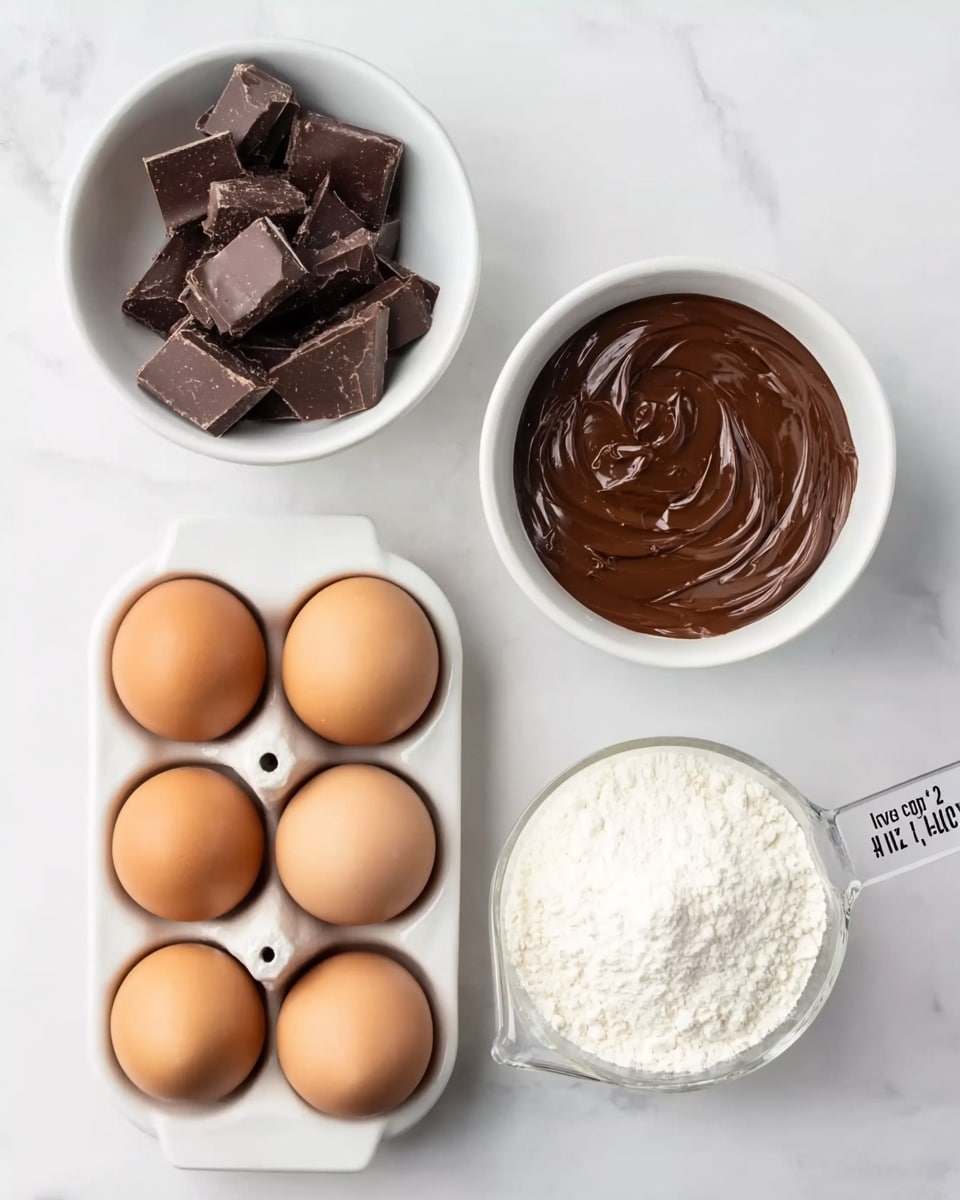 The image shows four white bowls and a white egg tray arranged on a white marbled surface. In the top left is a white bowl filled with small dark chocolate squares with a rough texture. To the right is a round white bowl with smooth, thick melted chocolate that has a swirled pattern on top. Below the chocolate squares is a white egg tray holding six brown eggs with a smooth shell, arranged in two rows of three. To the right of the eggs is a white measuring cup filled with white flour, labeled