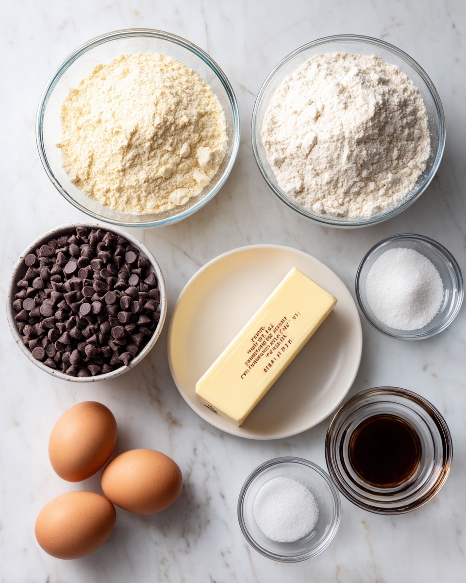 The image shows several baking ingredients neatly arranged on a white marbled surface. At the top left, there is a clear glass bowl filled with light beige flour. To the right of it, another clear glass bowl contains white sugar. Below these bowls and slightly to the center left, a bowl holds many small, dark brown mini chocolate chips. Near the chocolate chips, there is a white plate holding a pale yellow stick of butter with text on its wrapper. At the bottom left, two brown eggs rest on the surface. Near the bottom center, two small clear bowls hold white salt and white baking powder, while next to them is a small clear bowl with a dark brown liquid vanilla extract. Each ingredient is labeled with black text on white boxes positioned close to their containers. The whole scene is clean and well-lit, photo taken with an iphone --ar 4:5 --v 7