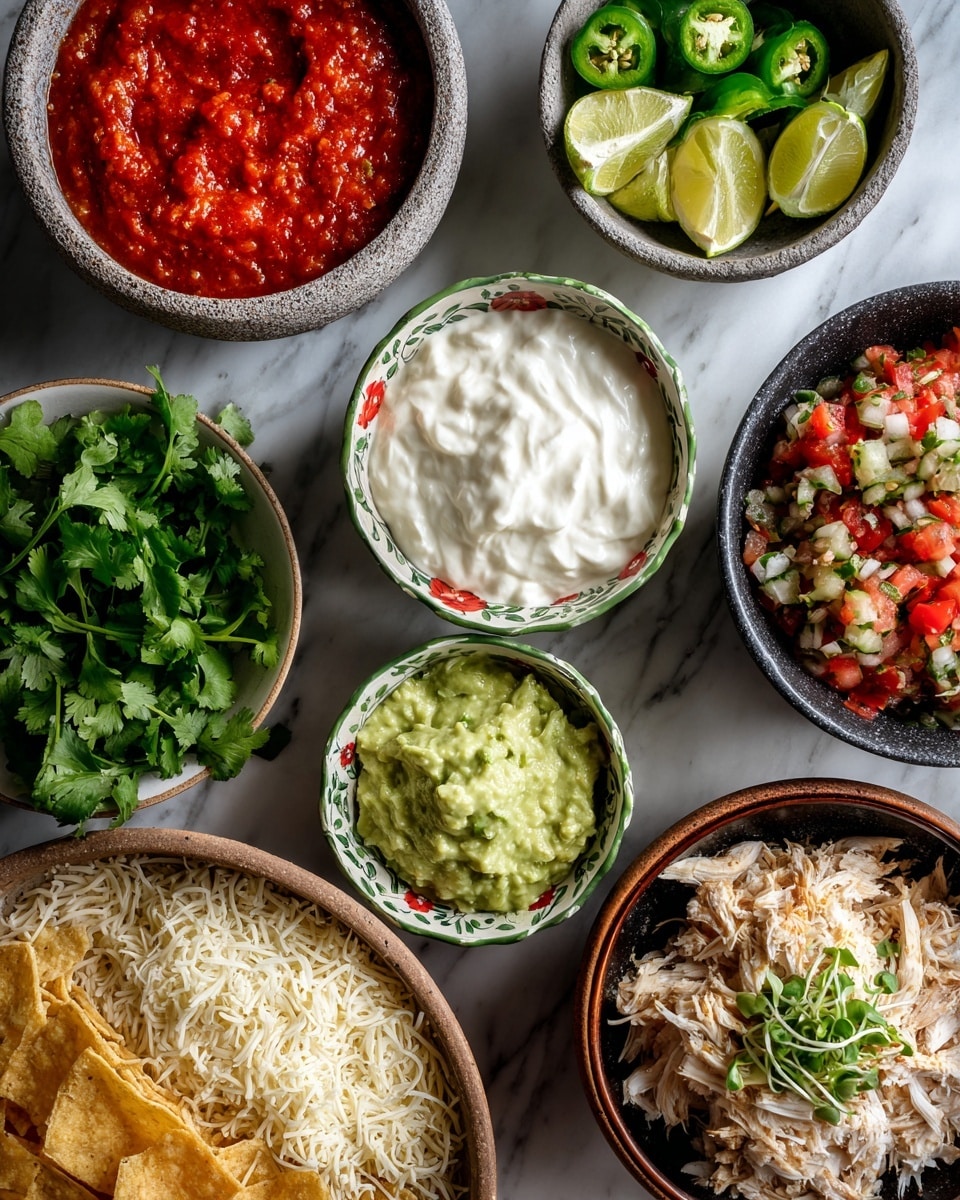 The image shows an arrangement of nine bowls and a bunch of fresh cilantro on a white marbled surface. Starting from the top left, a rough-textured gray bowl holds bright red fire roasted salsa, next to it is the same style bowl filled with smooth white sour cream. In the center top, a white bowl with green floral patterns contains green jalapeño slices and pale yellow lime wedges. To the right, a gray bowl holds a colorful mix of red, green, and white pico de gallo, and next to it, a dark rustic bowl contains pale green guacamole topped with small microgreens. At the bottom left, another gray speckled bowl is filled with a heap of shredded white cheese. In the middle bottom is a black bowl piled with lightly browned tortilla chips. To the right, a brown bowl contains light shredded chicken. Fresh green cilantro with bright leaves is placed on the left side. The photo taken with an iphone --ar 4:5 --v 7