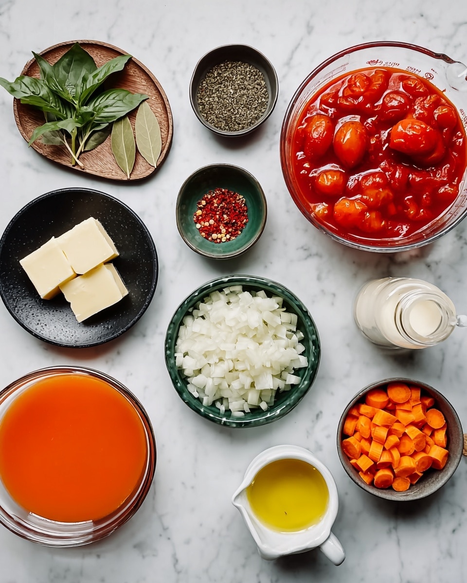The image shows several small bowls and plates arranged on a white marbled surface, each containing different ingredients. Starting on the bottom left is a clear glass bowl filled with orange liquid, next to a black plate holding three butter slices. Above those are small black and green bowls with pepper and red chili flakes. To the right are two round bowls, one with chopped orange carrots and the other with chopped white onions. There is a small white cup filled with yellow oil near the front center. At the top right is a clear glass measuring cup filled with whole peeled tomatoes in red sauce. Next to it is a small bottle of cream and some fresh green basil leaves. A small wooden plate near the top holds two bay leaves. The colors are bright and fresh, with orange, red, white, green, and creamy beige tones. photo taken with an iphone --ar 4:5 --v 7