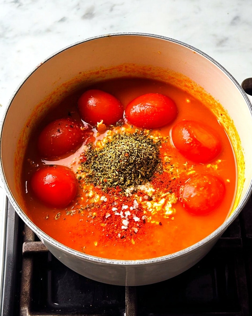 The image shows a white pot on a stove filled with a bright orange-red soup base. Inside the soup are six whole peeled tomatoes, bright red and smooth, floating near the center and sides. There is a small mound of dried green herbs and spices piled on top of the soup in the middle, surrounded by tiny red chili flakes and specks of salt. The soup has a thick texture, with visible small diced ingredients under the liquid, creating a layered look with the solid tomatoes and seasoning on top. The stove grate beneath the pot is black, and the overall scene is set on a white marbled surface. Photo taken with an iphone --ar 4:5 --v 7