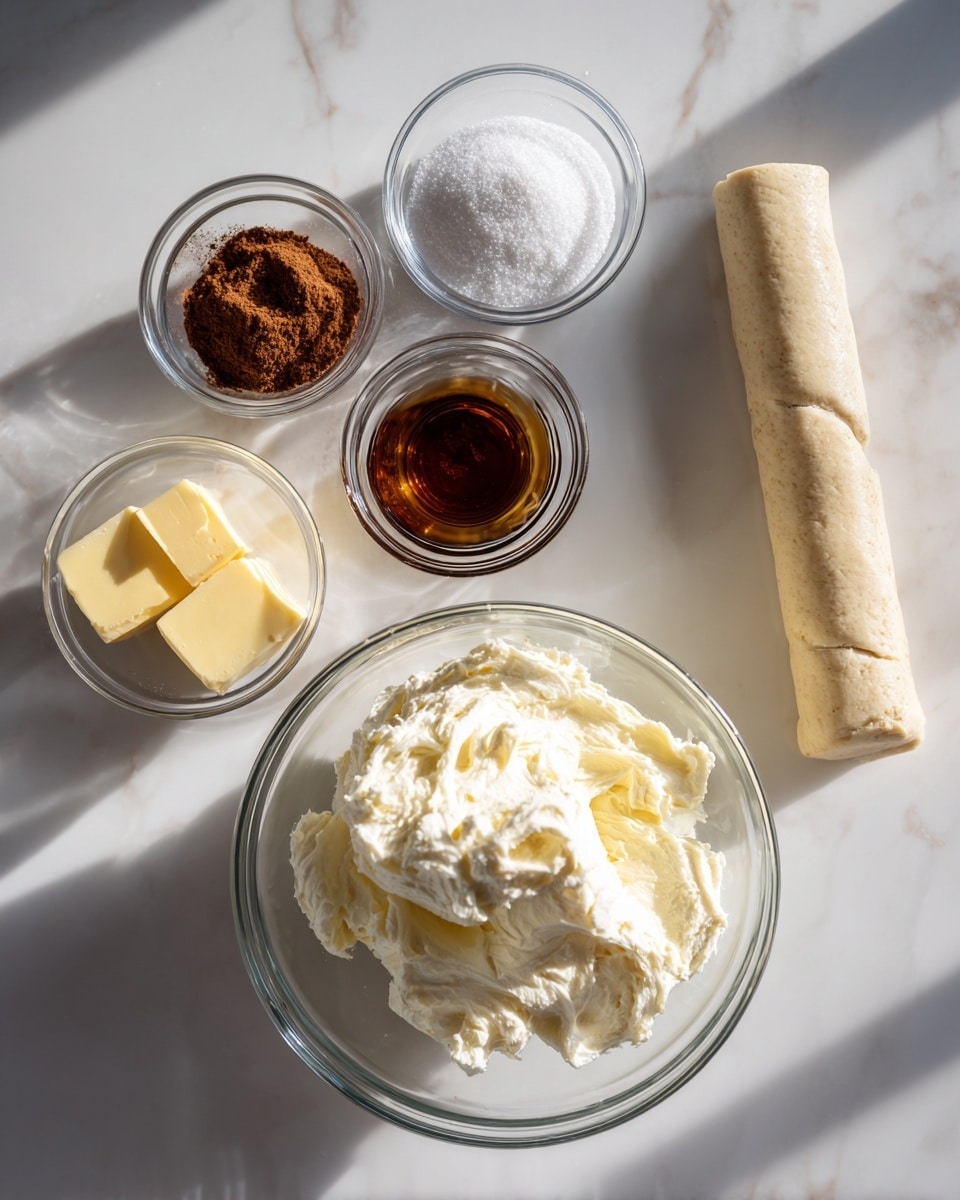 A clear glass bowl in the center holds a creamy white softened cream cheese. Around the bowl, in small clear glass containers, are cinnamon as fine brown powder, granulated sugar as white grains, rich yellow butter in a small cube, and dark brown vanilla liquid. To the right of the bowl is a wrapped pie crust in transparent plastic. The setup rests on a white marbled surface with soft natural light. Photo taken with an iphone --ar 4:5 --v 7