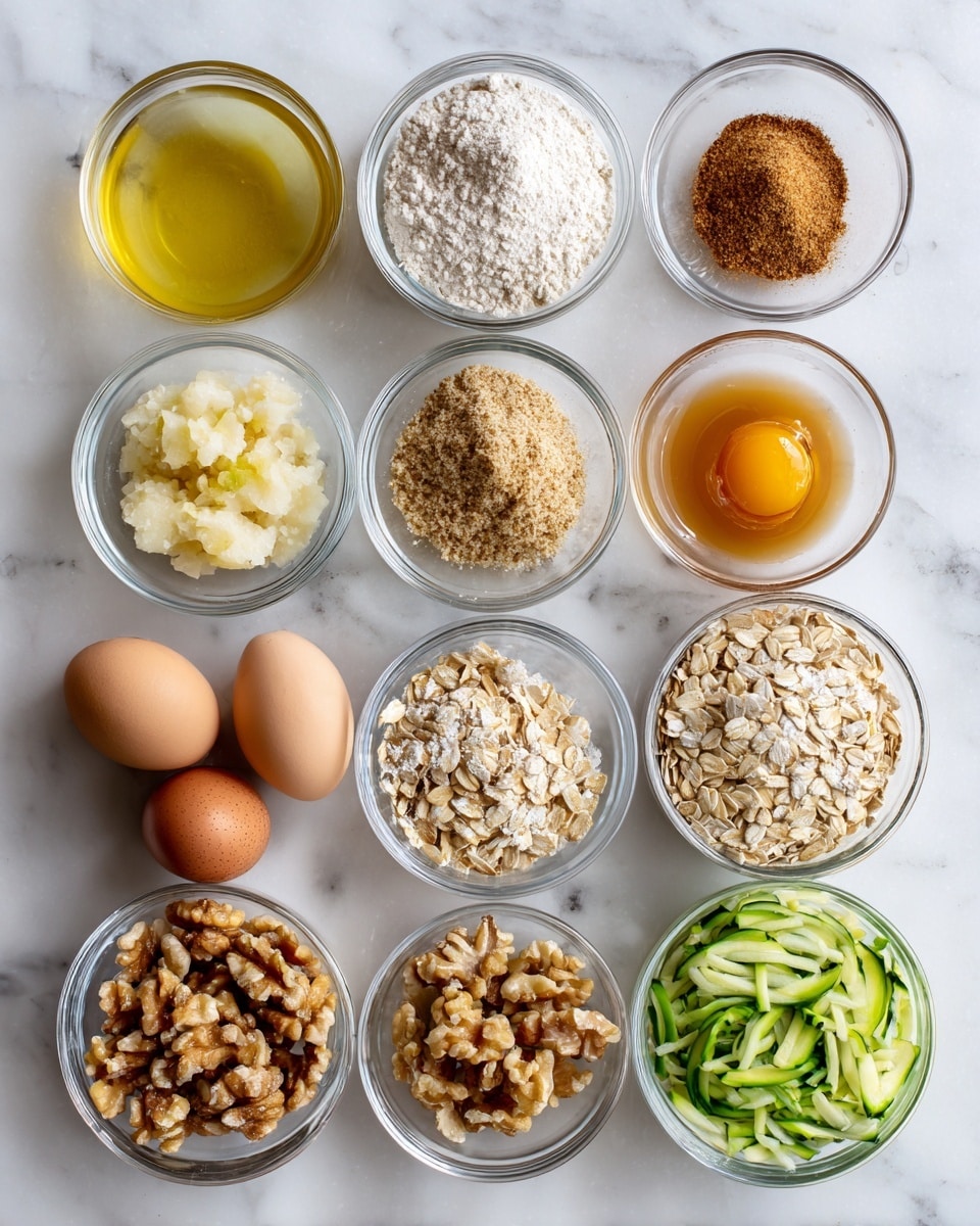 The image shows 13 small clear glass bowls and two whole brown eggs placed on a white marbled surface. Each bowl contains different ingredients: one with light yellow vanilla extract, one with white salt and light brown cinnamon powder, one filled with oat flour having a fine, pale beige texture, one with ground flax showing a fine yellow powder, one with honey that is amber and sticky, another with light golden applesauce with a smooth texture, and one with clear light oil. There are two bowls with oats, one labeled old fashioned oats with larger, flat, light beige flakes, and another with rolled oats/quick oats showing smaller, light beige flakes. One bowl holds roughly chopped light brown walnuts, and the last bowl contains freshly grated green zucchini with small water droplets. Two brown whole eggs sit side by side near the center, completing the set of ingredients. photo taken with an iphone --ar 4:5 --v 7