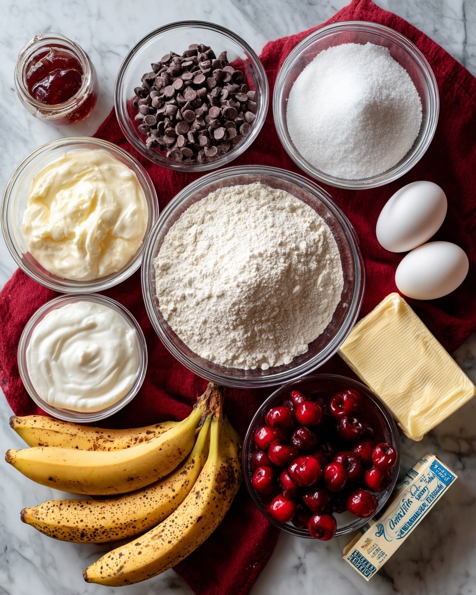 The image shows several clear glass bowls filled with baking ingredients arranged on a white marbled surface with a red cloth underneath some bowls. In the center, there is a large bowl of white flour with a powdery texture. To its right is a bowl of white granulated sugar and above it a bowl with small, dark brown chocolate chips. Next to the chips, there is a small bowl with white salt and baking soda powder. Near the center left, a bowl of thick, white sour cream is present. Two white eggs lie beside this bowl. At the bottom left, three speckled, ripe bananas with brown spots rest on the surface. A stick of light yellow butter, partly wrapped with a blue label, sits to the right. There is also a jar of bright red cherries with syrup near the center. Each ingredient has a bold label in black and white text above or beside it. The whole scene is lit softly, showing the natural colors and textures clearly. Photo taken with an iphone --ar 4:5 --v 7