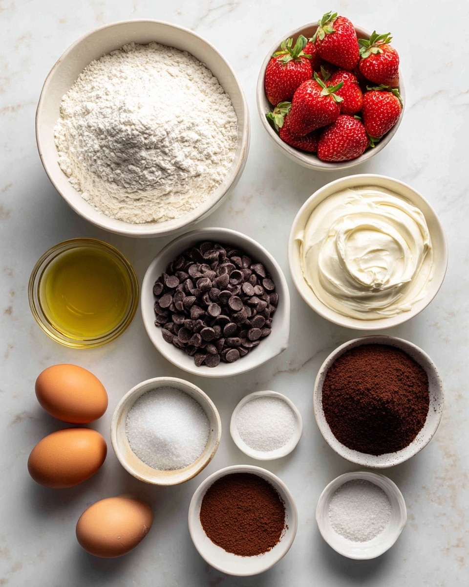 The image shows a white marbled surface with several white bowls and small dishes filled with baking ingredients. Starting from the top left, a large white bowl holds white flour with a visible small mound in the center. To the right, a small white bowl contains bright red strawberries, and next to it, another white bowl is filled with dark brown chocolate chips. Below the strawberries, there is a white bowl with thick, creamy sour cream. Beside it to the right, a smaller white bowl has white granulated sugar. Below the flour is a small white dish with fine salt and to its left, a glass bowl with golden yellow oil. Two brown eggs sit close together near the center. A medium-sized white bowl contains dark brown cocoa powder on the right side. Below and left of the cocoa powder, a tiny white bowl holds espresso powder, while another small white dish below the salt has white leaveners. At the bottom center is a large white bowl filled with light brown sugar. Each ingredient is clearly labeled with black letters on a white background. The overall layout is tidy and well spaced. photo taken with an iphone --ar 4:5 --v 7
