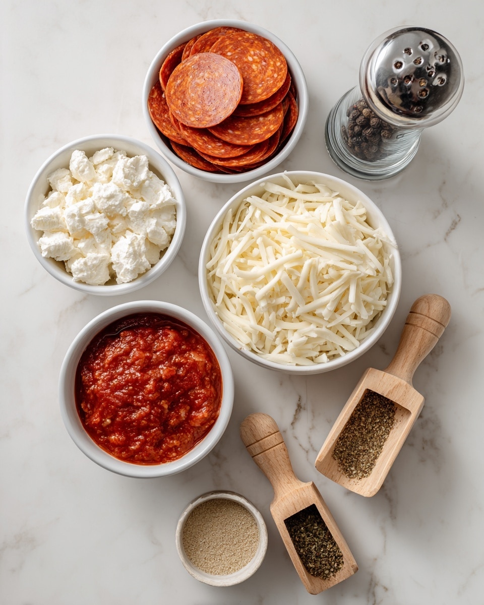 The image shows six small white bowls and containers arranged on a white marbled surface. Starting from the top left, one bowl holds several deep red-orange round pepperoni slices stacked neatly. To the right, there is a glass pepper shaker filled with black peppercorns. Below the pepperoni bowl is a bowl filled with creamy white cottage cheese with a slightly lumpy texture. In the center right, another bowl is filled with shredded mozzarella cheese in thin, soft white strips. At the bottom center, a bowl contains thick, chunky bright red marinara sauce. On the right side, two small wooden scoops hold light beige garlic powder and a mix of brownish-green Italian seasoning. photo taken with an iphone --ar 4:5 --v 7