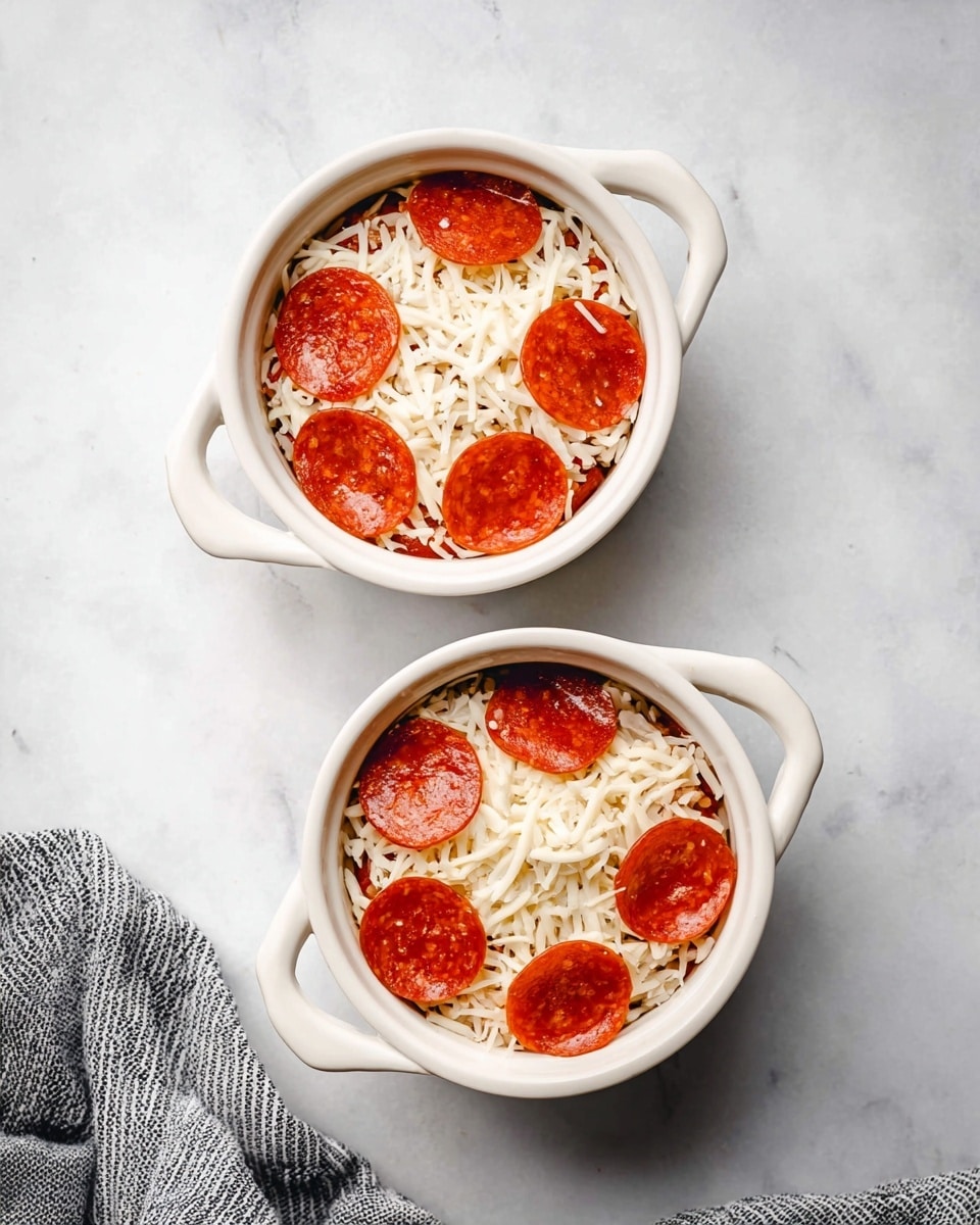 Two white ceramic bowls sit on a white marbled surface, each filled with layers that start with shredded white cheese at the bottom, topped with round slices of red pepperoni, and finished with more shredded white cheese scattered over the top. The bowls have small handles on each side and a soft natural light brightens the scene. A grey and white striped cloth is partially visible at the bottom left corner. Photo taken with an iphone --ar 4:5 --v 7