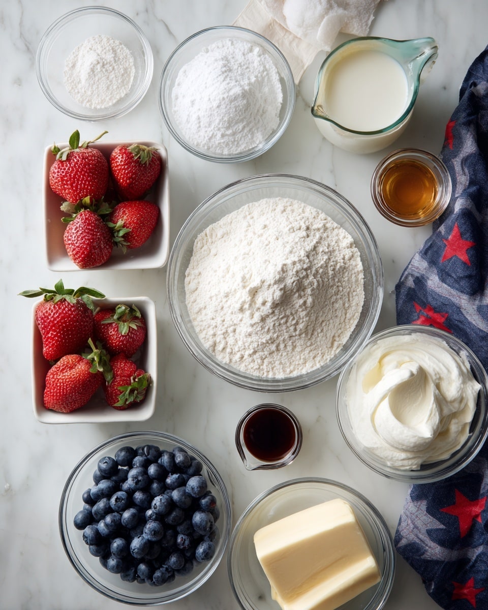 A top-down view of various baking ingredients arranged neatly on a white marbled surface. In the center, there is a clear glass bowl filled with light, fine white cake flour. Surrounding it are other clear bowls with white cool whip, white sugar, and small amounts of white salt and baking powder. Two white square dishes hold fresh fruits; one has bright red strawberries with green leaves, and the other is filled with dark blue blueberries. A small glass measuring cup contains pale yellow buttermilk, while a clear glass bowl holds light yellow egg whites. Nearby, there is a white stick of softened butter placed on unwrapped paper, and a small clear bowl contains dark brown vanilla extract. A navy cloth with red and white stars is partially visible on the right side. Photo taken with an iphone --ar 4:5 --v 7