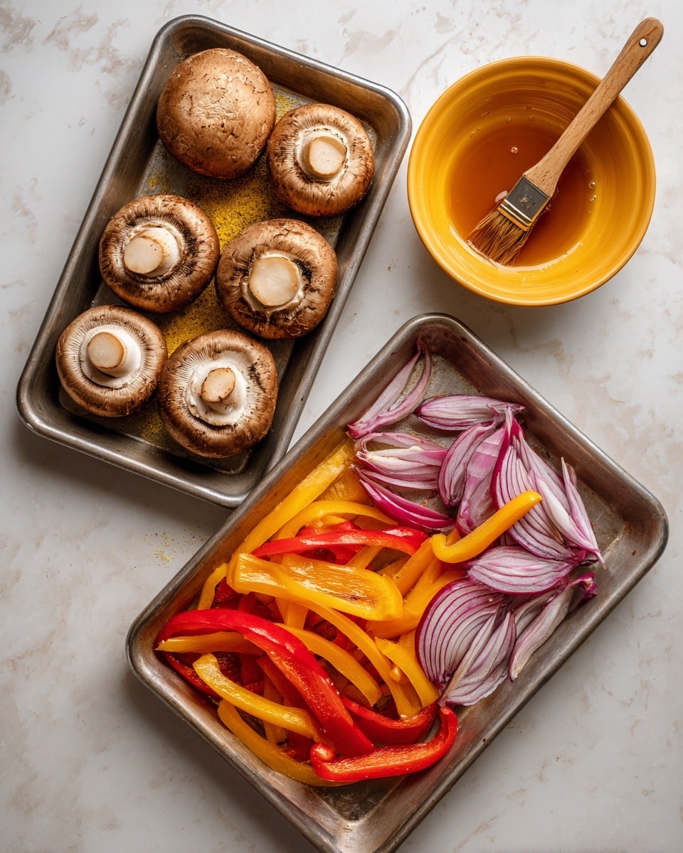 The image shows two metal baking trays on a white marbled surface. One tray holds six large, round brown mushrooms arranged in two rows. The other tray has thin strips of red bell pepper and sliced red onion scattered on it, with a light layer of yellow seasoning dusted over the tray. Next to the trays is a yellow bowl containing a small amount of dark orange sauce or oil, with a wooden basting brush resting inside it. photo taken with an iphone --ar 4:5 --v 7