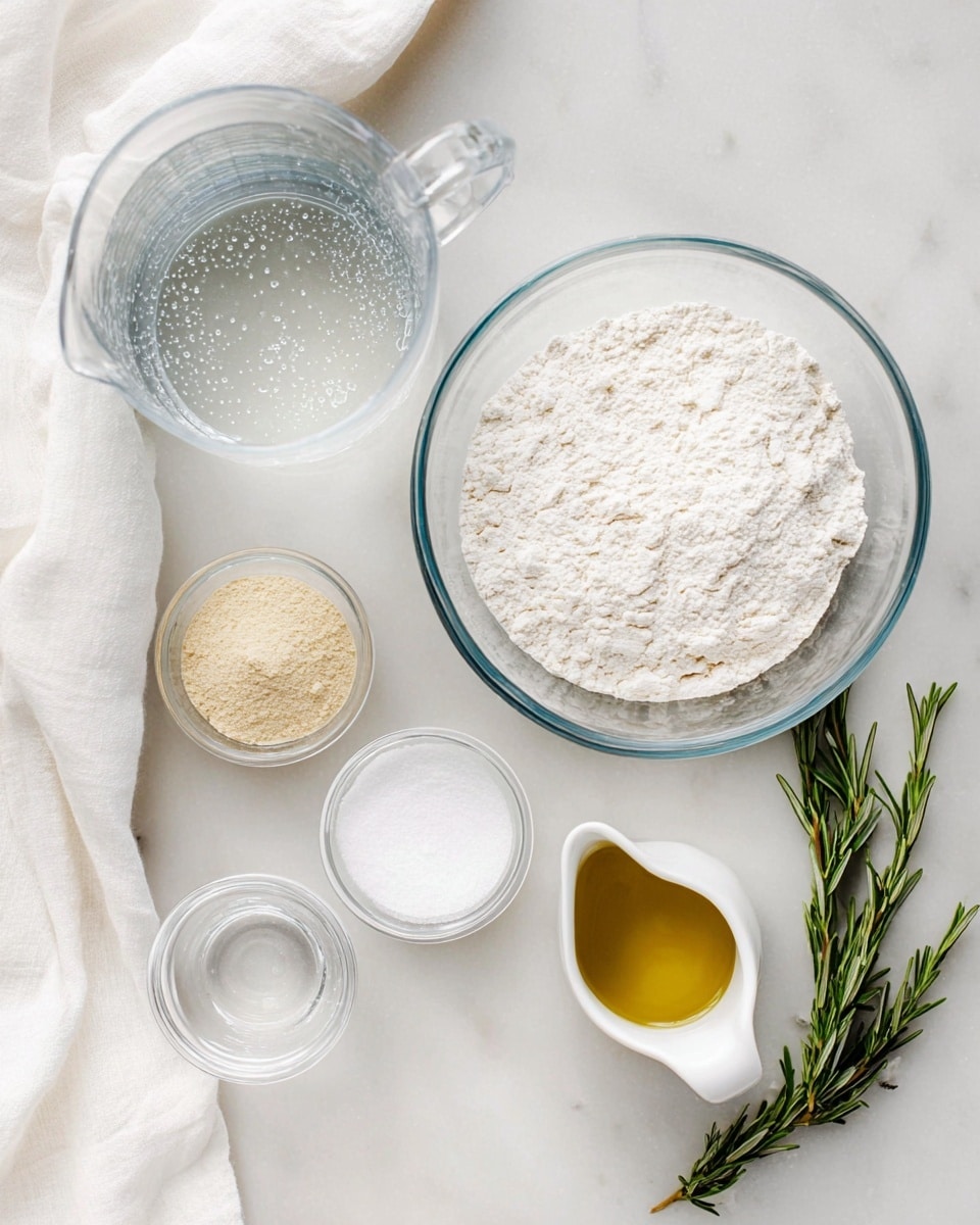 A top-down view shows ingredients for baking arranged on a white marbled surface. The largest item is a clear glass bowl filled with white flour, placed on the right side. To the left is a clear glass pitcher holding water with small air bubbles inside. Below the pitcher are four small clear glass bowls, each containing different powders: yeast in light beige, granulated sugar in off-white, baking powder in white, and salt in white. To the right of these bowls is a small white jug filled with light golden olive oil. At the bottom right corner, there are two green rosemary sprigs. A white cloth is casually placed along the left edge. Photo taken with an iphone --ar 4:5 --v 7