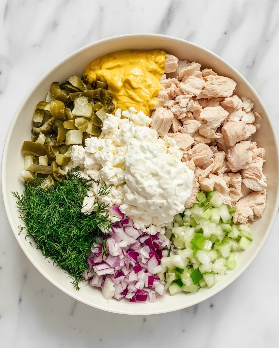 A white bowl on a white marbled surface holds seven distinct layers of ingredients arranged in a circle. Starting at the top right, there are bite-sized pieces of cooked chicken in a light brown color. Moving clockwise is a dollop of yellow mustard sauce over chopped green pickles. Below that is a mound of white cottage cheese with a creamy texture. Next, there are small pieces of light green celery. To the left of the celery, there are finely chopped red onions with a purple hue. Near the center, fresh bright green dill sits between all the ingredients. Finally, a big scoop of white mayonnaise covers part of the chicken and onions. The photo taken with an iphone --ar 4:5 --v 7